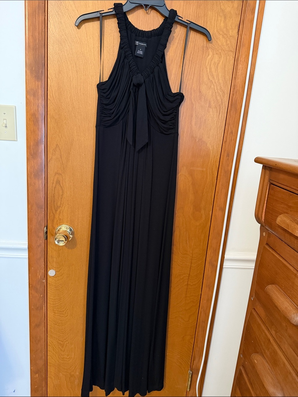 new directions Black Maxi Dress with Ruching and Neck Tie